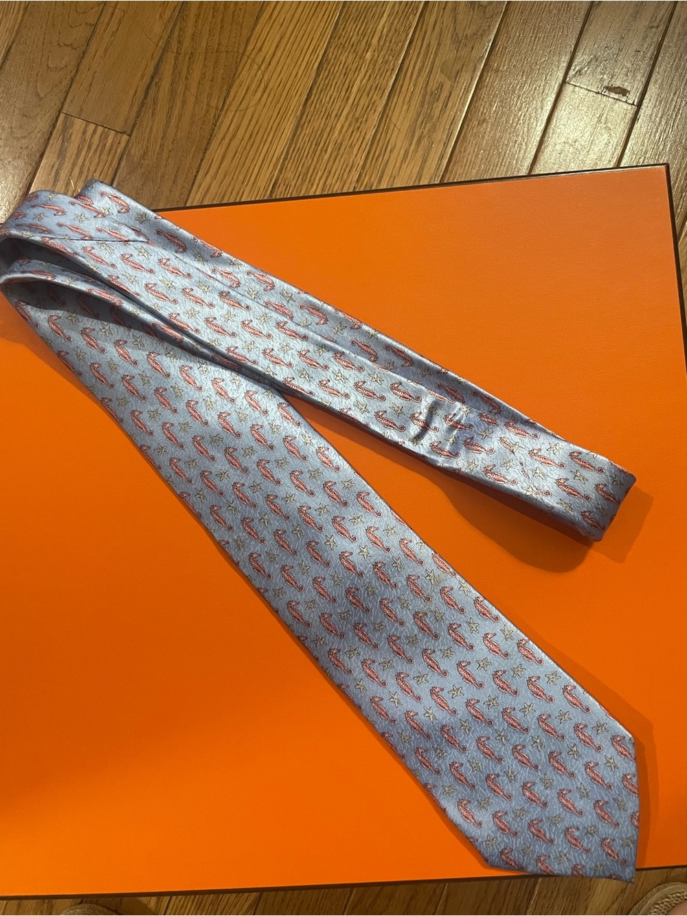 100% Silk Light Blue Tie with Pink Seahorse Pattern